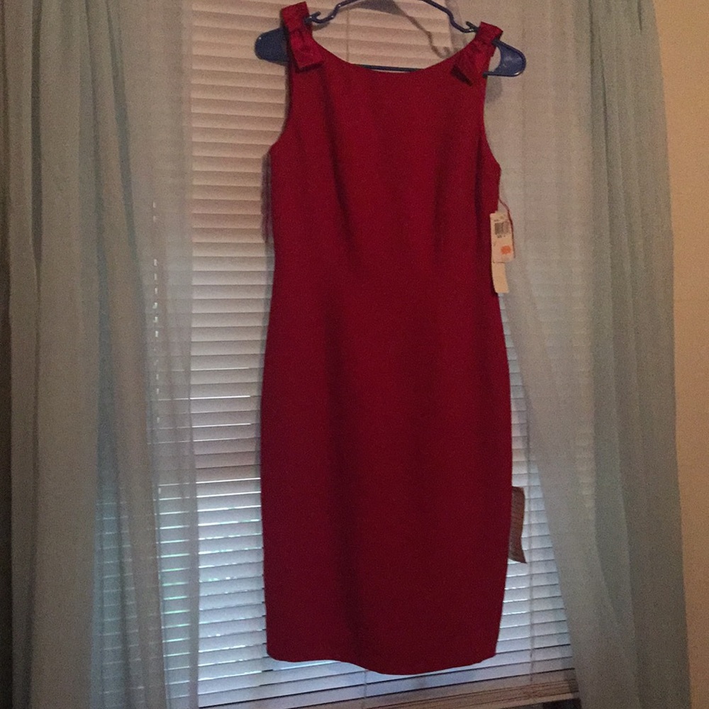 Formal red midi dress.
